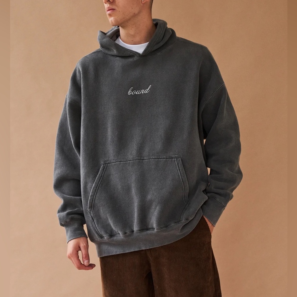 bound (UK Boutique street wear brand) WASHED CHARCOAL EMBROIDERED SCRIPT HOODIE